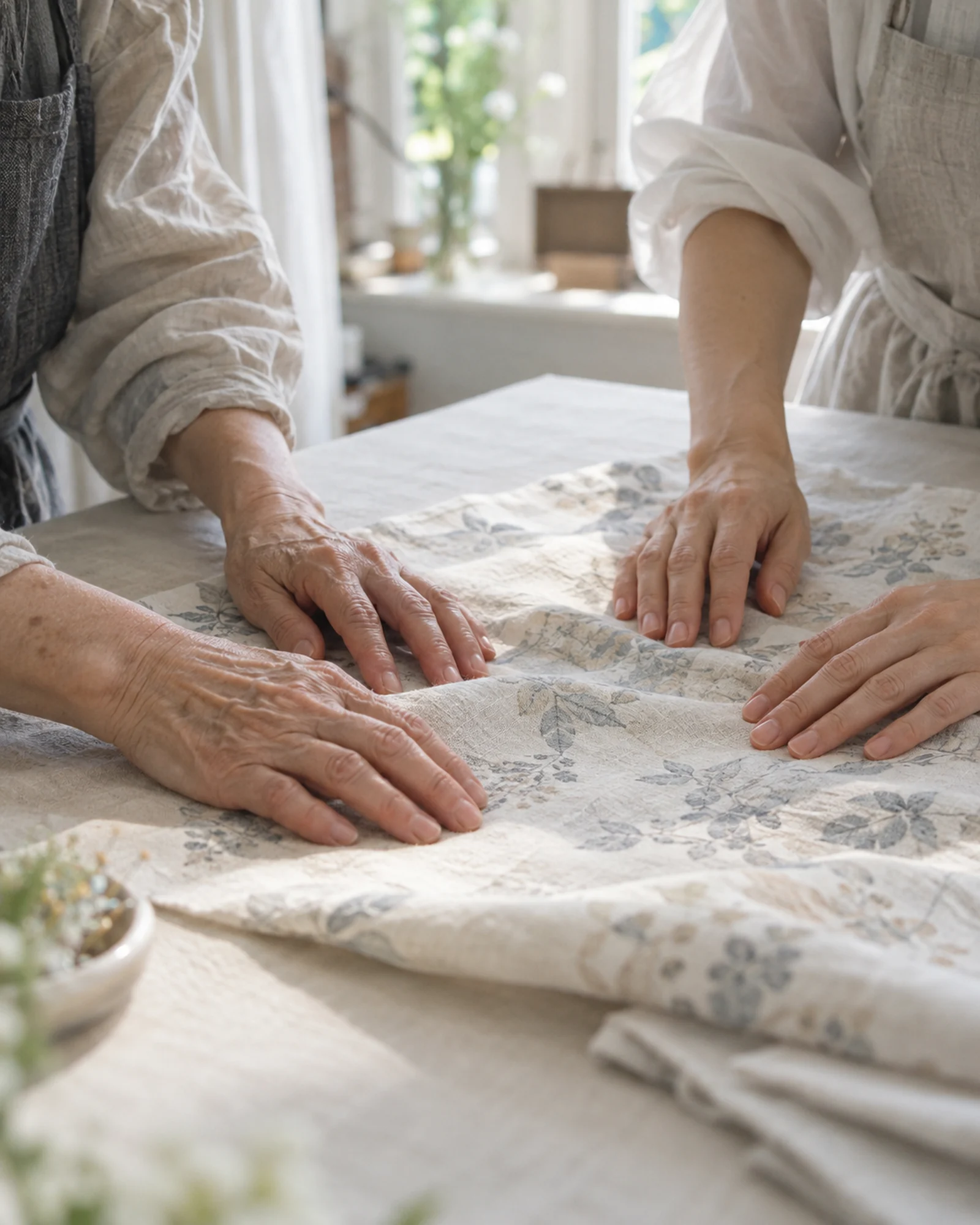 花柄の服を一緒に広げる、二人の職人の手